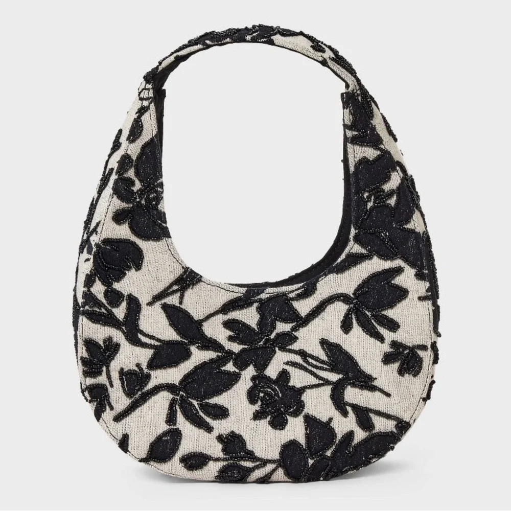a new day Black Ivory Floral Toille Hobo Bag with Modern Beaded Design::NWT::